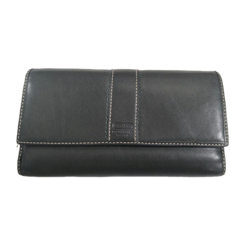 Vintage Coach Hampton Black Leather Wallet Tri Fold w/ Check Hold Green Interior